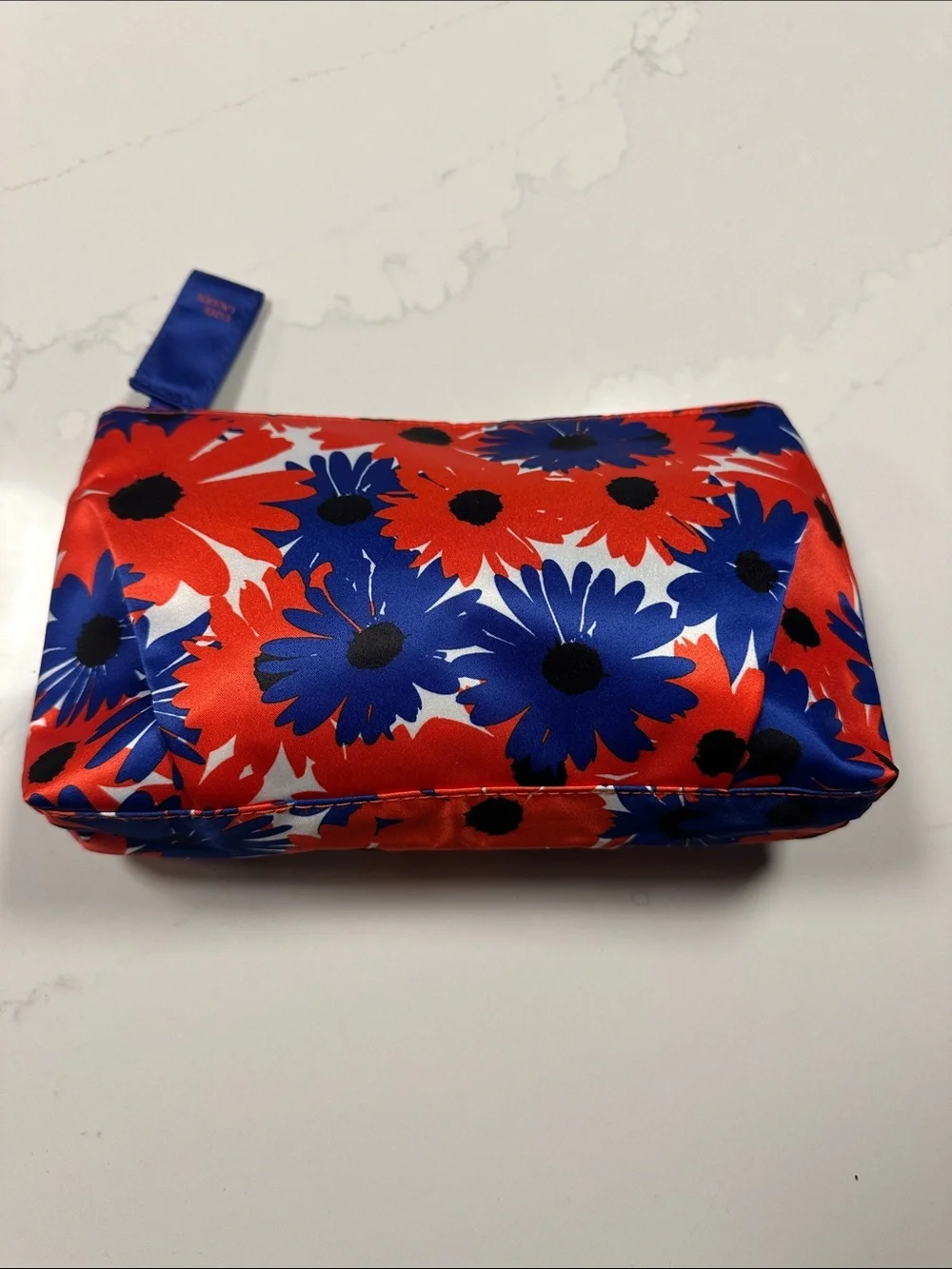 NWOT- Estee Lauder Floral Satin Cosmetic Pouch in Red, Blue & White
